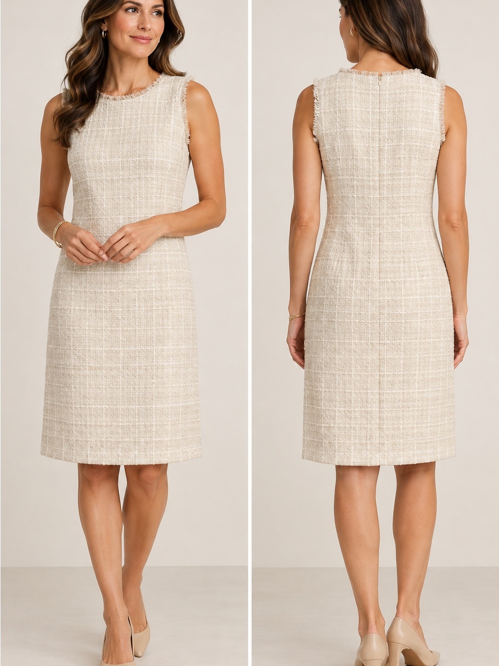 Ann Taylor Sleeveless Tweed Shift Dress in Light Cream